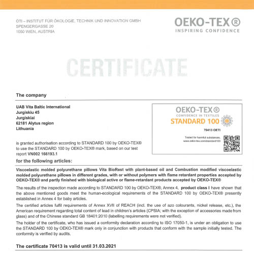 Molded pillows_Oeko-tex Certificate