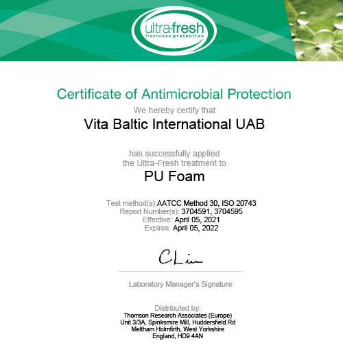 Certificate of Antimicrobial protection VBI Molded pillows